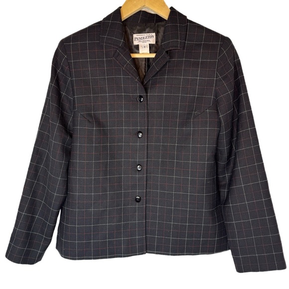 VNTG Pendleton Women's Blazer Jacket Lined 100% Virgin Wool Black Plaid Sz 8 - Picture 1 of 7